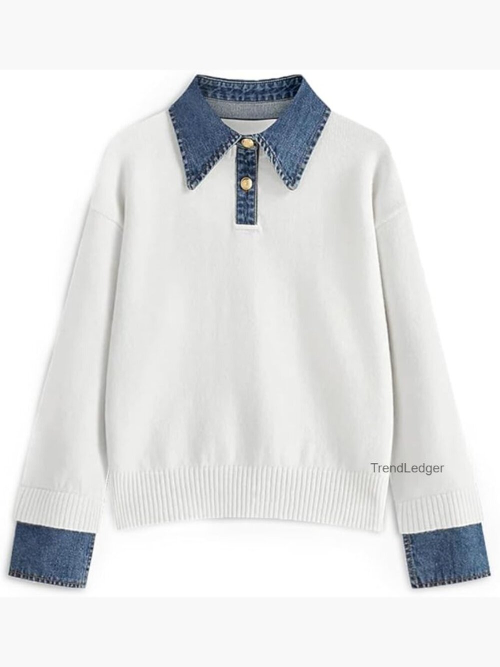 Oversized Long Sleeve Button Up Denim Polo Pullover Sweater Tunic